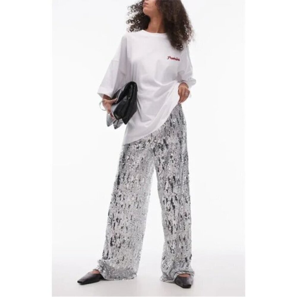 TOPSHOP Sequin Wide Leg Pants in Silver Size US 4-6